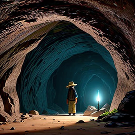 a man in a hat and yellow jacket standing in a cave with a light on his head and a flashlight in his hand
