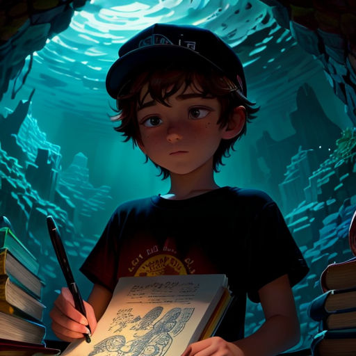 a boy holding a book and a pen in his hands while standing in front of a tunnel of books