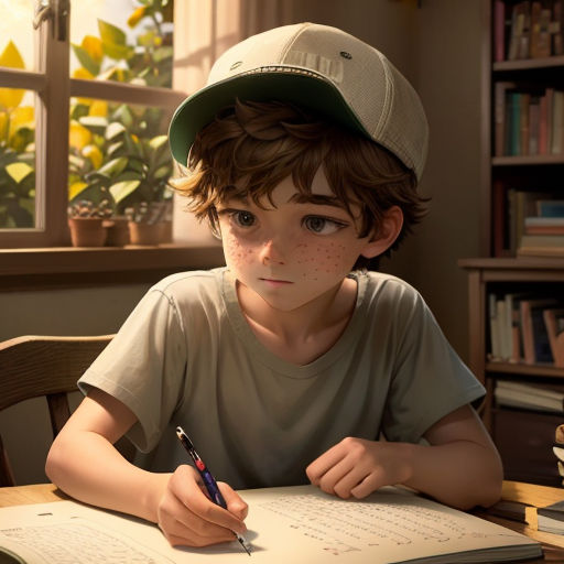 a boy sitting at a table with a book and pen in his hand and a hat on his head