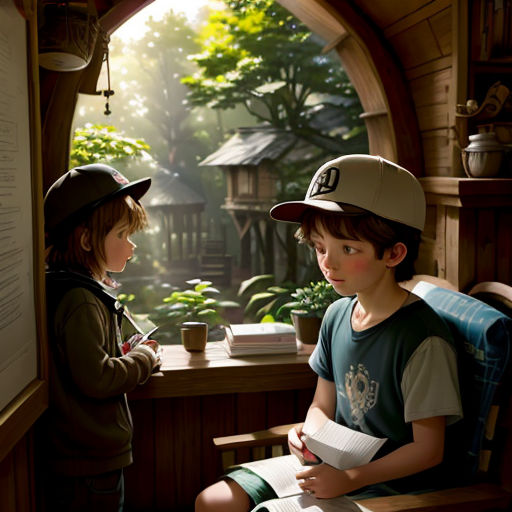 two children sitting in a window sill looking at a book and paper on a table with a cup of coffee