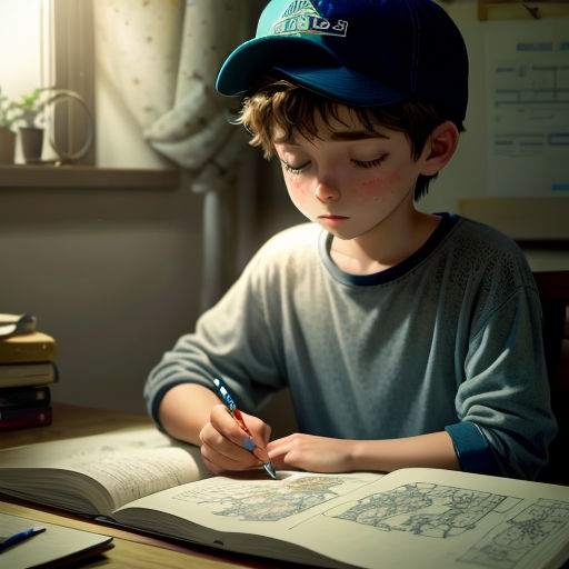 a young boy sitting at a desk with a book and pen in his hand and a book open to the page