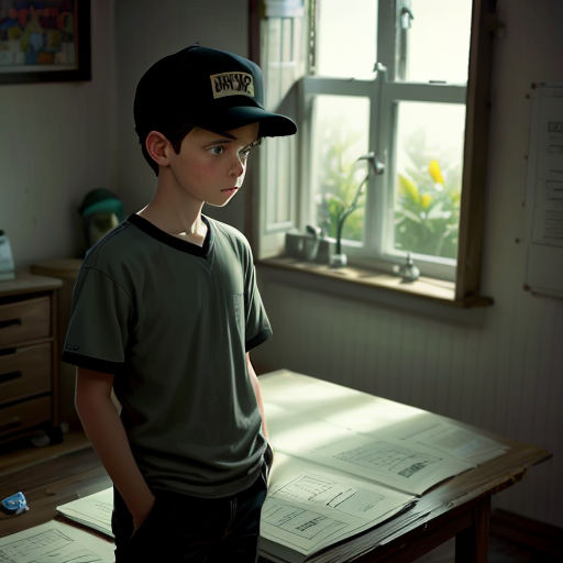a boy in a hat standing in front of a window with papers on the table and a window behind him