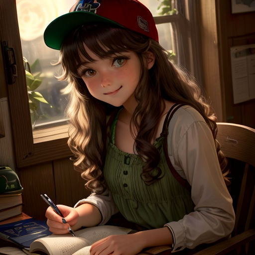 a girl in a baseball cap is writing in a book and smiling at the camera while sitting at a desk