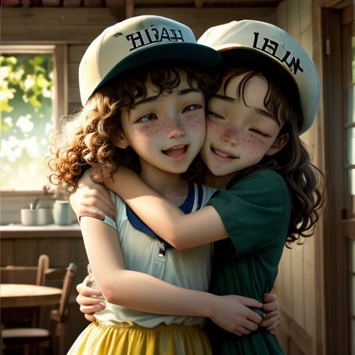 two young girls hugging each other in a room with a table and chairs in the background and a window