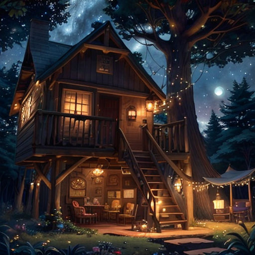 a tree house with a staircase leading to it and a porch with lights on it and a porch with a tree