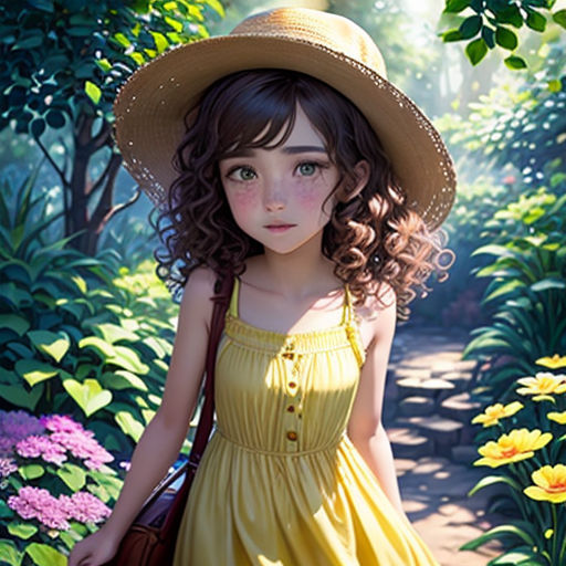 a little girl in a yellow dress and hat walking through a garden with flowers and trees in the background