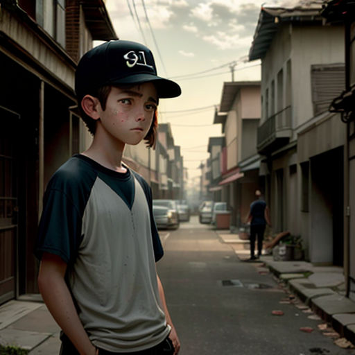 a boy in a baseball cap standing on a street corner with a skateboard in his hand and a person in the background
