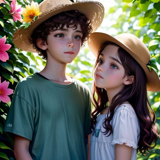 a boy and a girl are standing in front of flowers and trees with hats on their heads and one girl is wearing a green shirt and the other is wearing a white