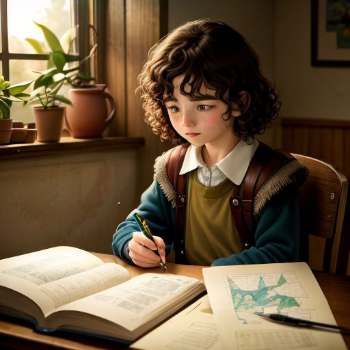 a young boy sitting at a desk with an open book and pen in his hand and a plant in the background
