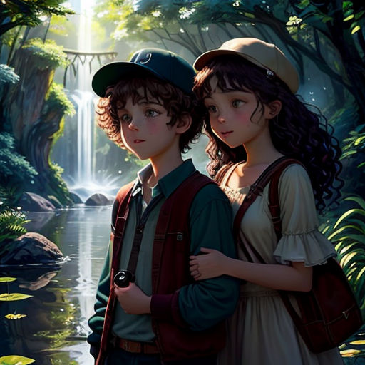 a painting of two people standing in front of a waterfall in the woods with lily pads on the ground
