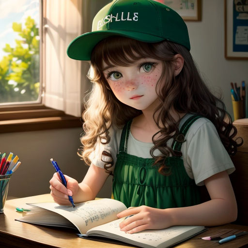 a little girl with a green hat is writing in a book and holding a pencil and a cup of colored pencils
