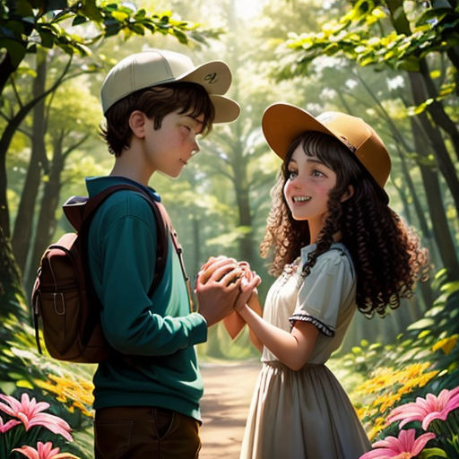 a boy and a girl standing in a forest holding hands and smiling at each other with flowers in the background