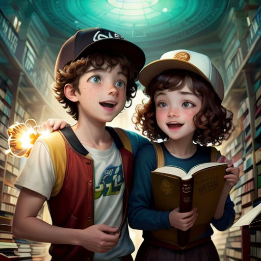 two children are standing in a library reading books together and smiling at the camera with a book in their hands