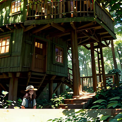 a woman standing in front of a tree house in the woods with a tree in the background and a woman standing in front of the tree house