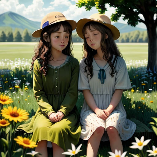 two young girls sitting on a bench in a field of flowers with a mountain in the background and a tree