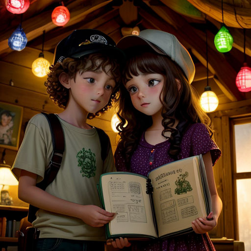two children are standing in a room with lights hanging from the ceiling and holding open books in their hands