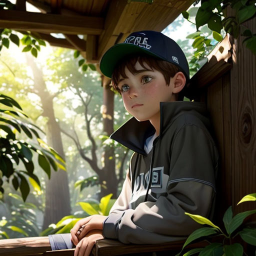 a boy in a baseball cap sitting on a bench in a forest with trees and bushes behind him, looking off into the distance