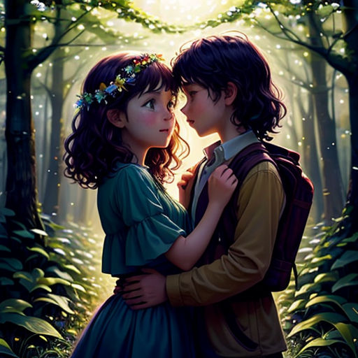 a couple of people standing in the woods together, with a light shining through the trees behind them and a forest scene behind them