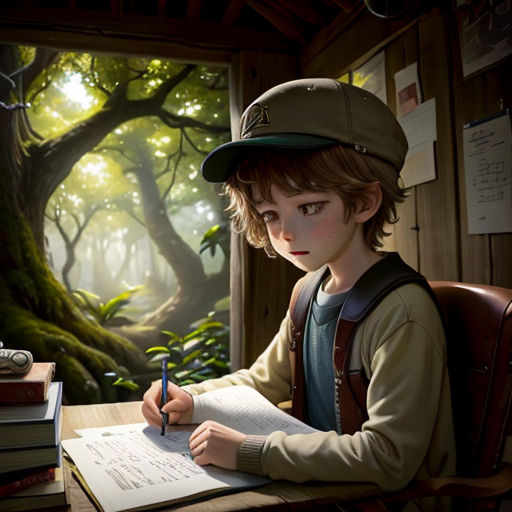 a boy sitting at a desk with a book and pen in his hand and a book in front of him