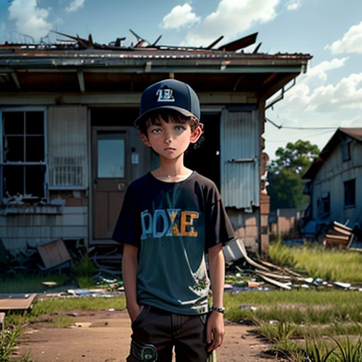 a boy in a baseball cap standing in front of a run down house with a skateboard in his hand