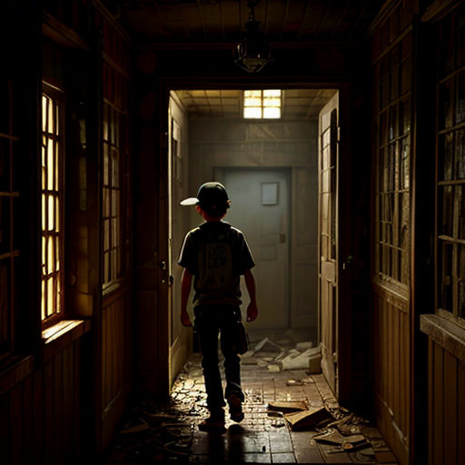 a person walking down a hallway in a dark room with a baseball cap on and a baseball bat in hand