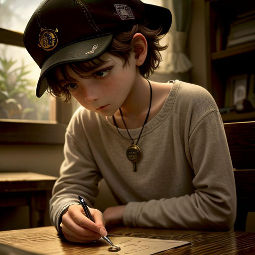 a boy in a hat writing on a piece of paper at a table with a pen and a laptop