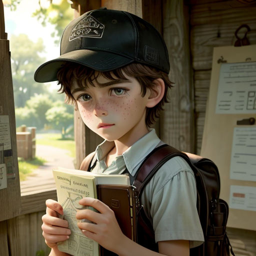 a boy with a hat and backpack reading a book in a park setting with a sign in the background