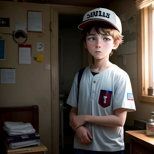 a young boy wearing a baseball cap standing in a room with a window and a desk with a laptop
