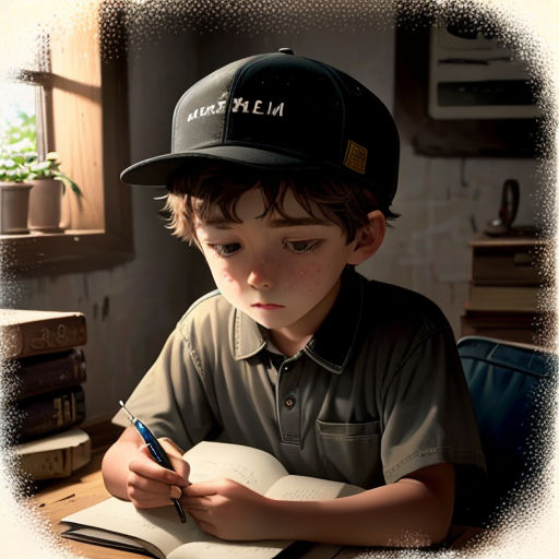 a boy in a baseball cap is writing on a book with a pen and a book bag on the table