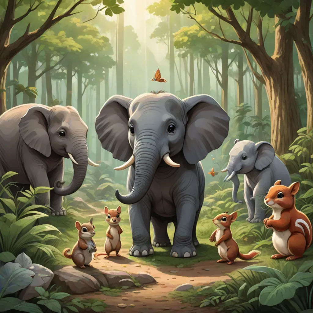 a group of elephants standing in a forest with a baby animal next to them and a butterfly flying above them, furry art, a storybook illustration, Chris LaBrooy, promotional image
