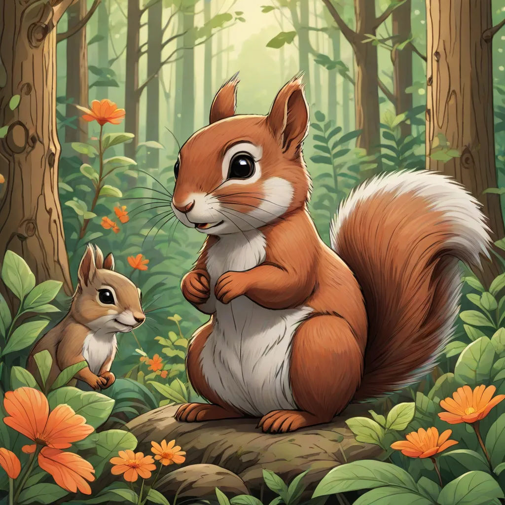 a squirrel and a squirrelling in a forest with flowers and trees in the background illustration for children's books, sots art, a storybook illustration, Chris LaBrooy, official art