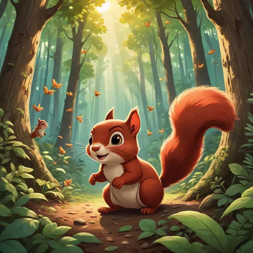 a squirrel in the forest with a sunbeam in the background and leaves on the ground around it, with a trail running through the woods, sots art, a storybook illustration, Chris LaBrooy, official art