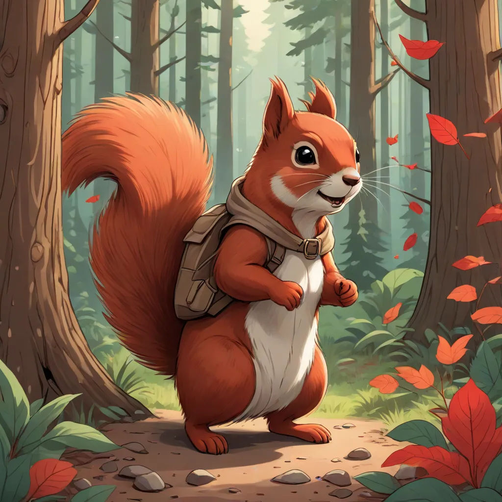 a squirrel with a backpack standing in the woods with leaves on the ground and looking up at the camera, sots art, a character portrait, Chris LaBrooy, official art