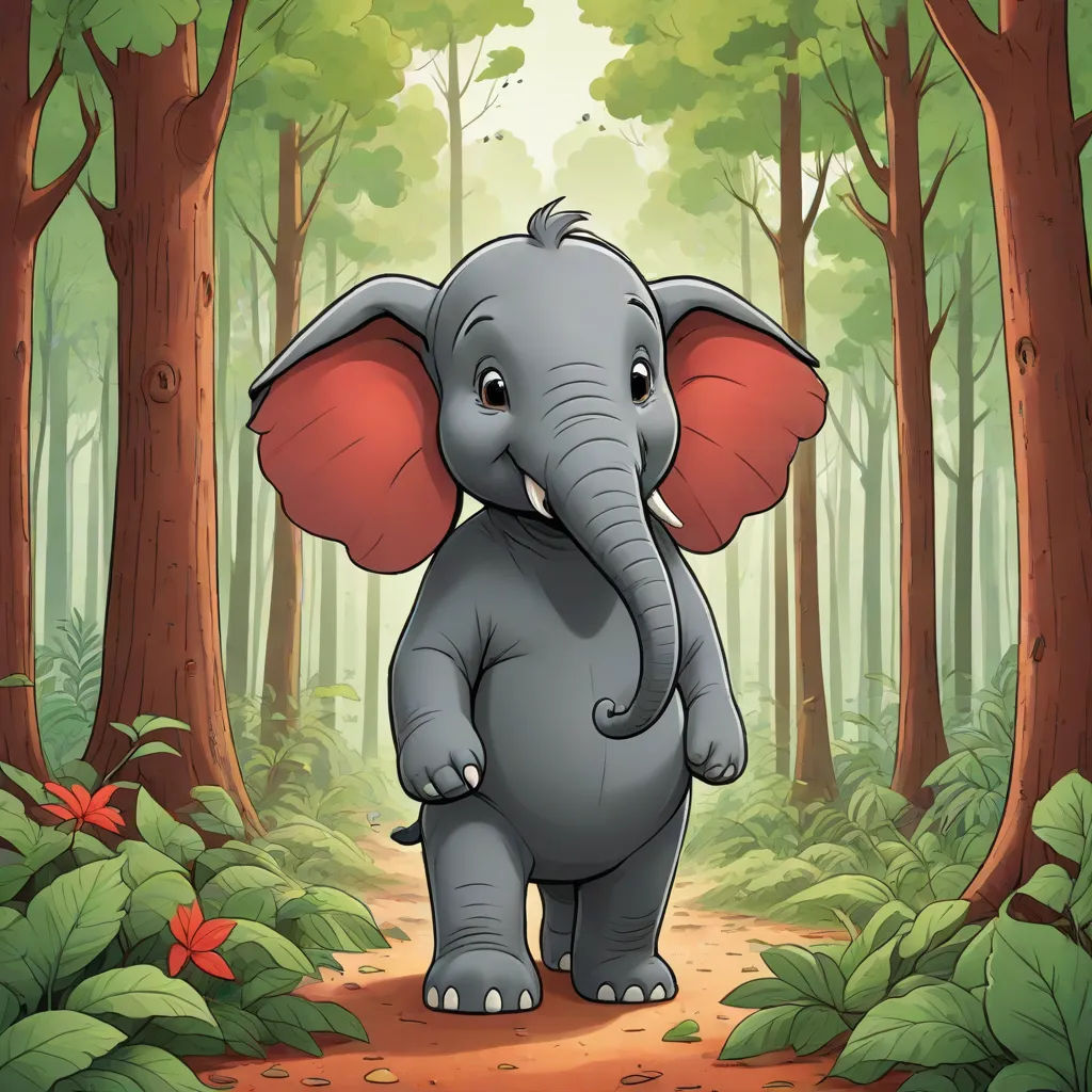 a cartoon elephant standing in the middle of a forest with trees and flowers around it, with a path leading to the elephant, sumatraism, a storybook illustration, Amédée Ozenfant, storybook illustration