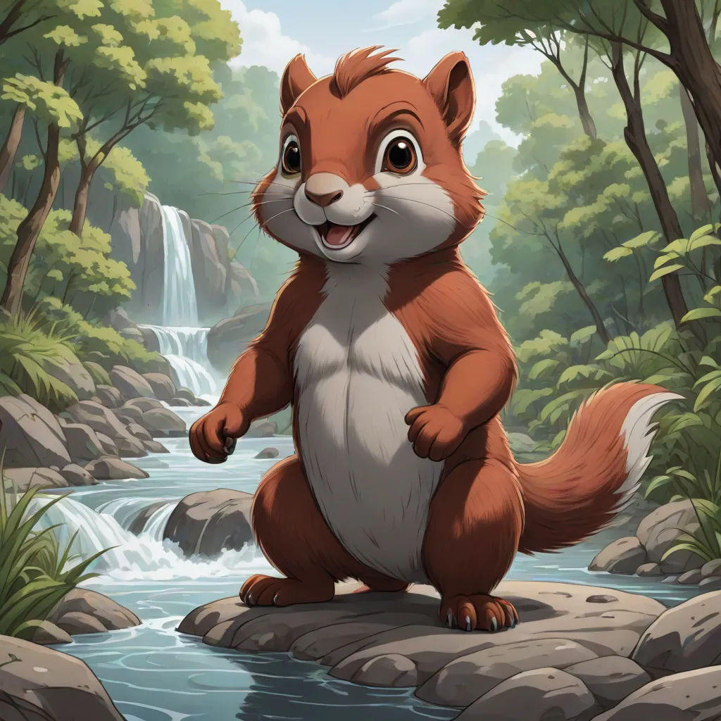 a cartoon squirrel standing on a rock in a forest with a waterfall in the background and a forest scene behind it, furry art, a character portrait, Chris LaBrooy, official art
