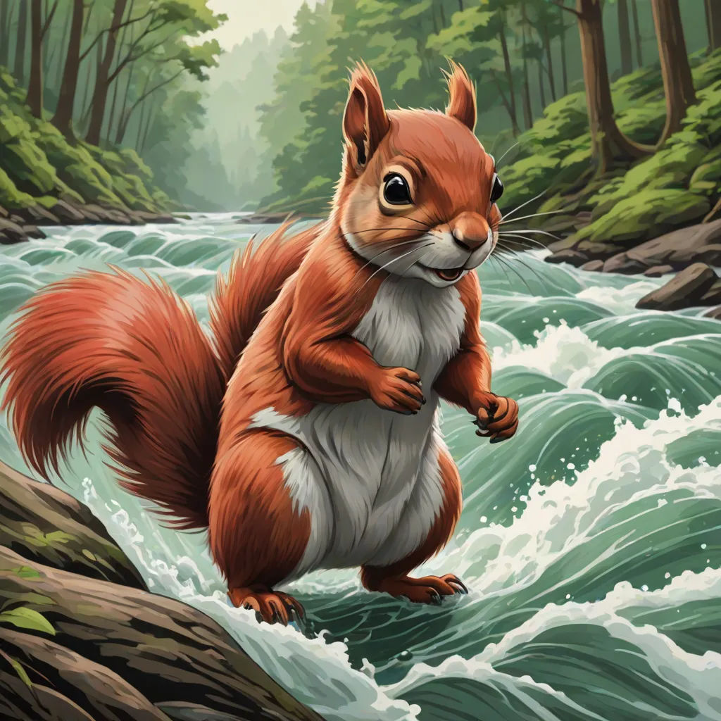 a squirrel is standing on a rock in a river and looking at the camera with a surprised look on his face, furry art, a digital painting, Chris LaBrooy, professional digital painting