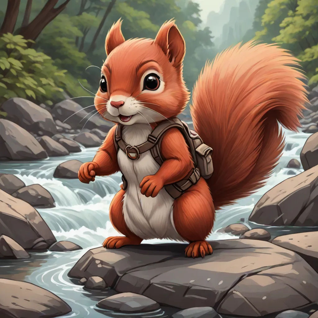 a squirrel with a backpack standing on a rock in the river illustration by alex krawcskik, altermodern, a character portrait, Chris LaBrooy, magic the gathering artwork