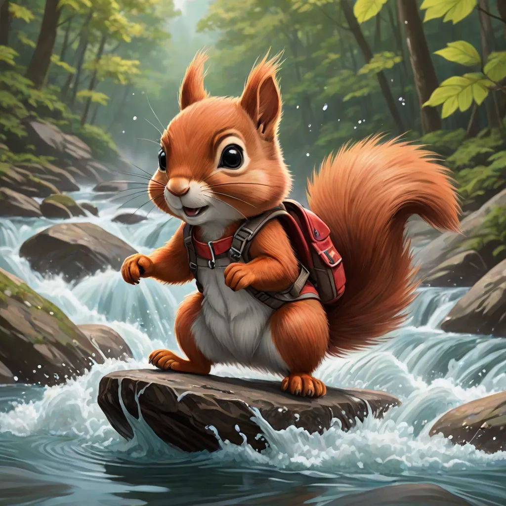 a squirrel is standing on a rock in the water and looking at the camera with a backpack on his back, altermodern, a character portrait, Chris LaBrooy, magic the gathering artwork