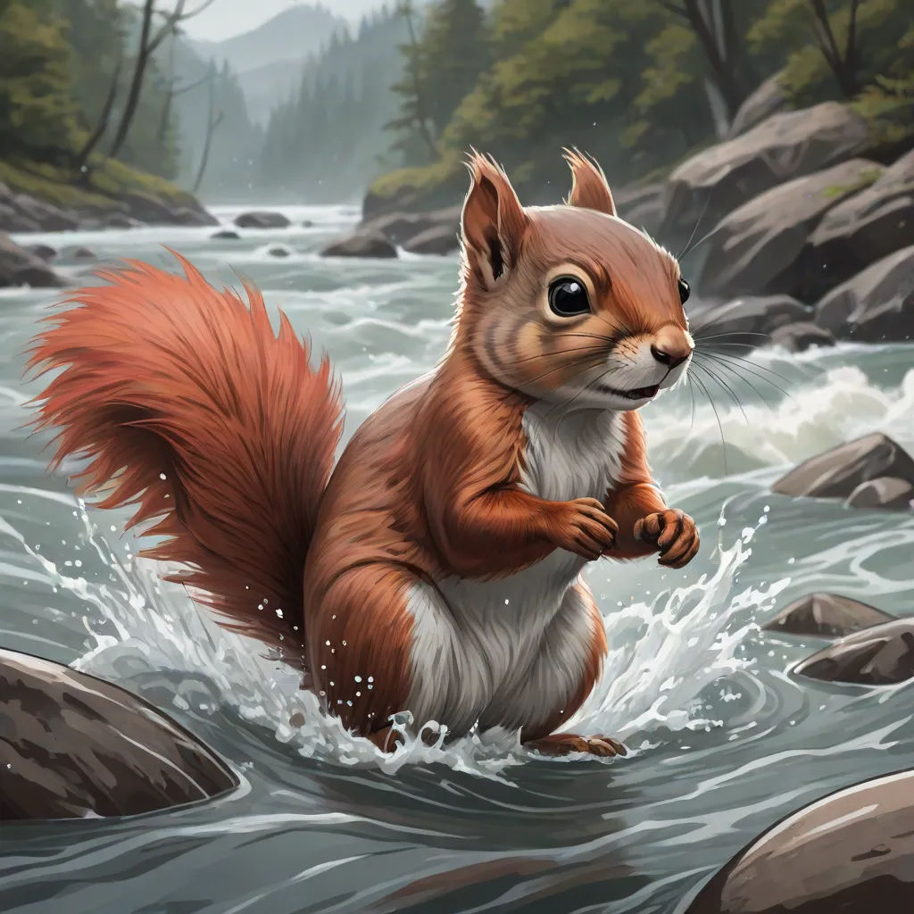 a painting of a squirrel in the water with rocks and trees in the background and a river running through it, altermodern, an ultrafine detailed painting, Chris LaBrooy, magic the gathering artwork