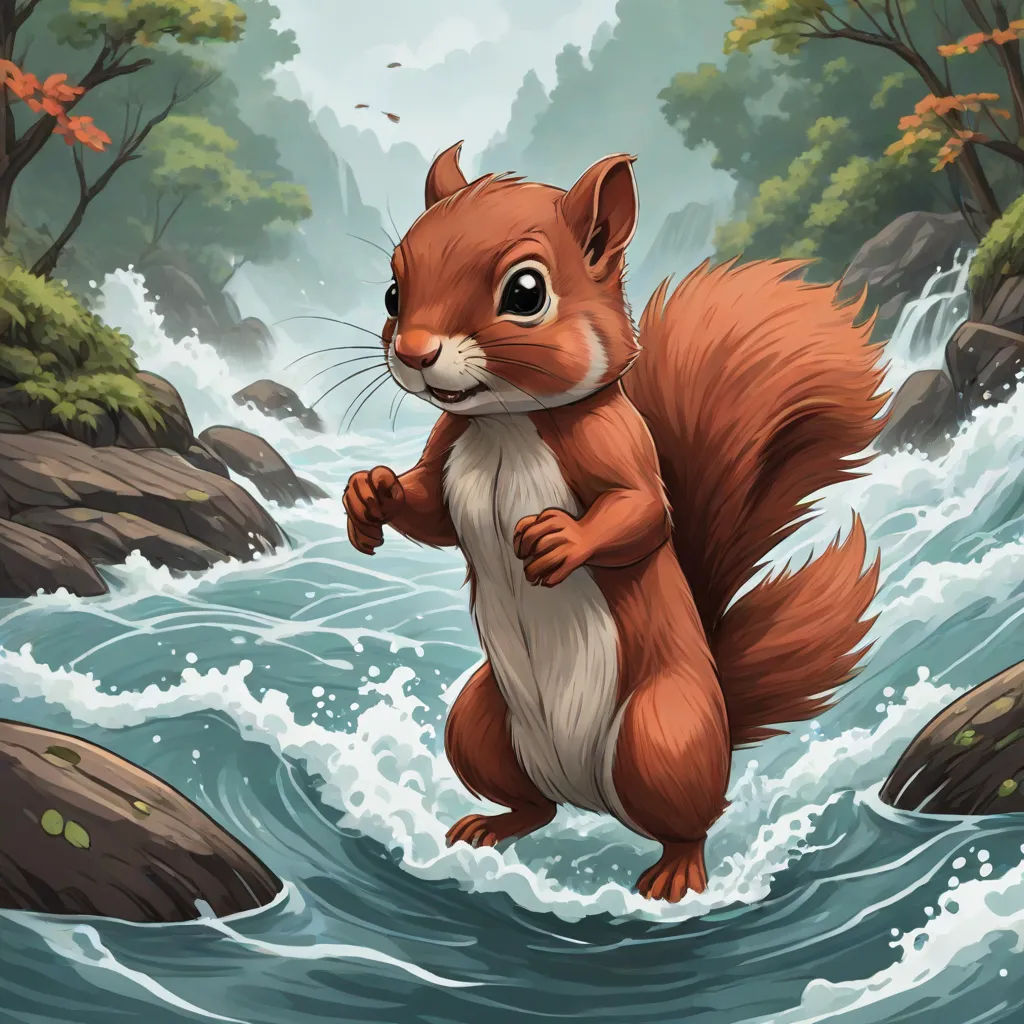 a squirrel running through a river with a waterfall in the background illustration by alex krawcskik, altermodern, a storybook illustration, Chris LaBrooy, magic the gathering artwork