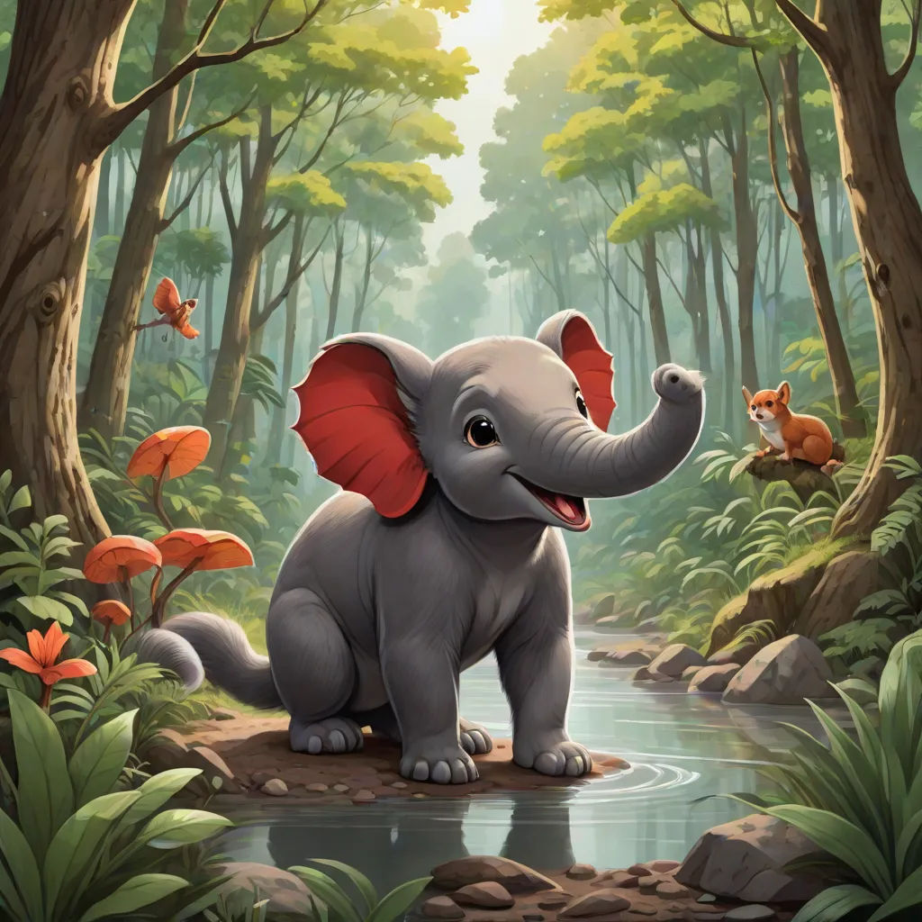a cartoon elephant is standing in the middle of a forest with a fox and a squirrel nearby and a stream running through it, sots art, a storybook illustration, Chris LaBrooy, official art