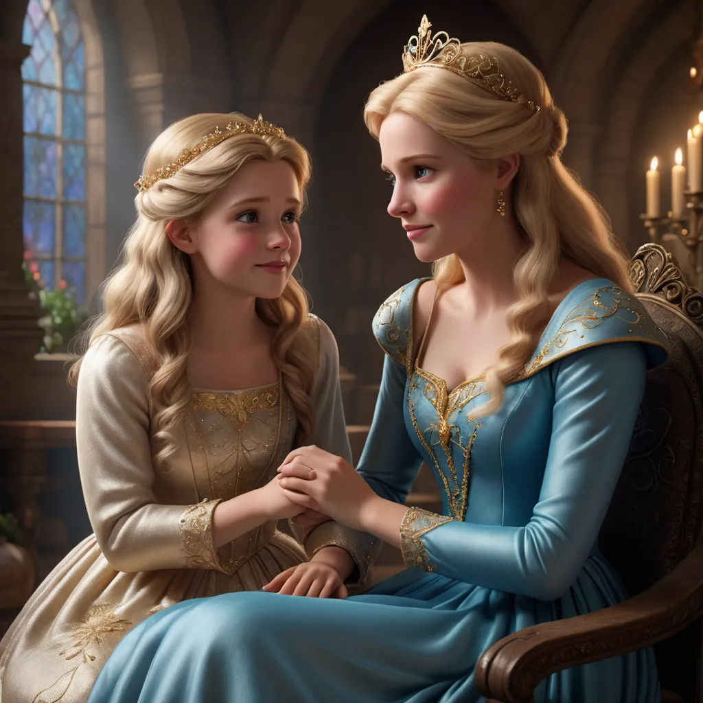 a painting of two women in dresses sitting next to each other in a room with candles on the walls, photorealism, a photorealistic painting, disney, official art