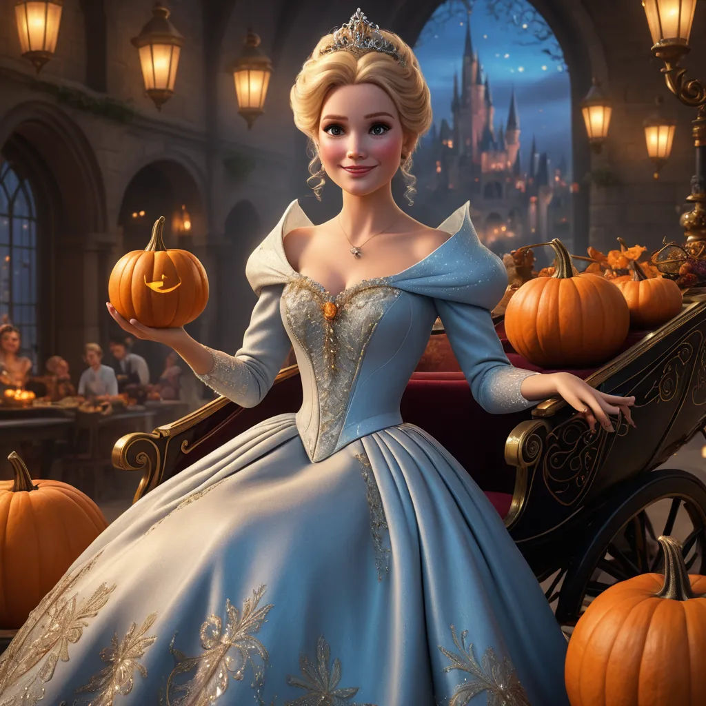 a princess in a blue dress holding a pumpkin in a carriage in a disney movie scene with pumpkins, photorealism, a 3D render, Elisabeth Collins, unreal engine 5 quality render