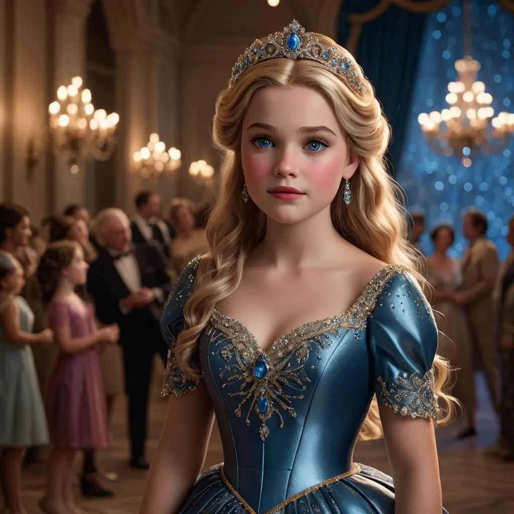 a young girl dressed in a blue dress and tiara in a ballroom with other people in the background, rococo, a photorealistic painting, disney, promotional image