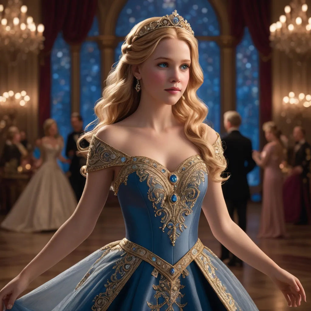 a woman in a blue dress with a tiara on her head and a ball gown on her shoulders, rococo, a photorealistic painting, disney, promotional image