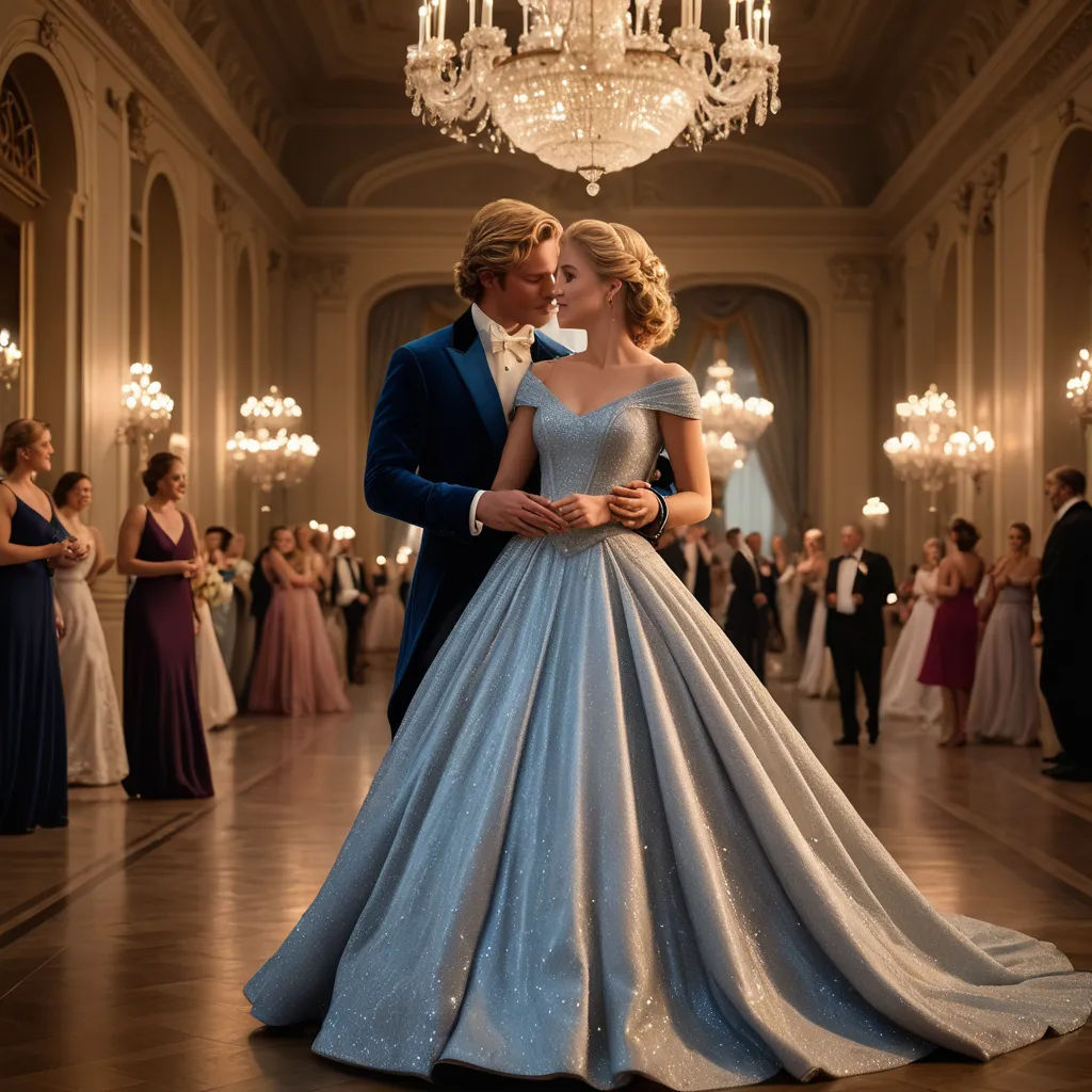 a man and woman in formal wear dancing in a ballroom with chandeliers and chandeliers on the ceiling, kitsch movement, a poster, Christian Hilfgott Brand, promotional image