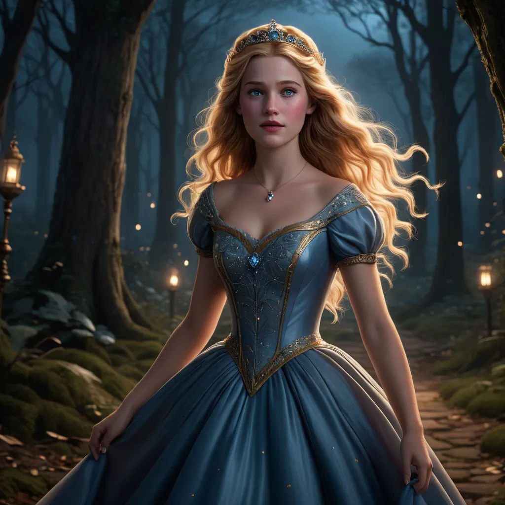 a beautiful young lady in a blue dress standing in a forest at night with a lantern light in her hand, magical realism, a storybook illustration, Alice Prin, rossdraws global illumination