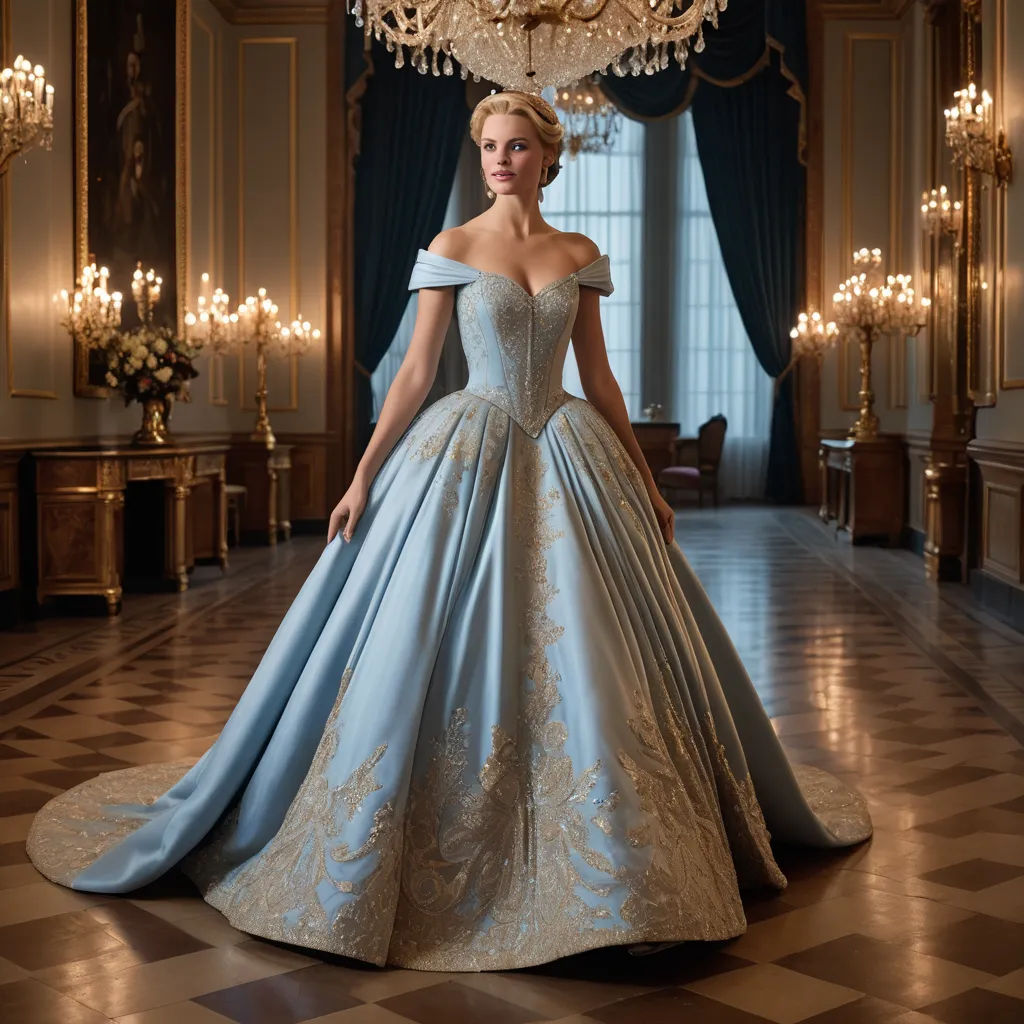 a woman in a blue dress standing in a room with chandelier and chandelier hanging from the ceiling, rococo, a photorealistic painting, Anna Maria Barbara Abesch, promotional image