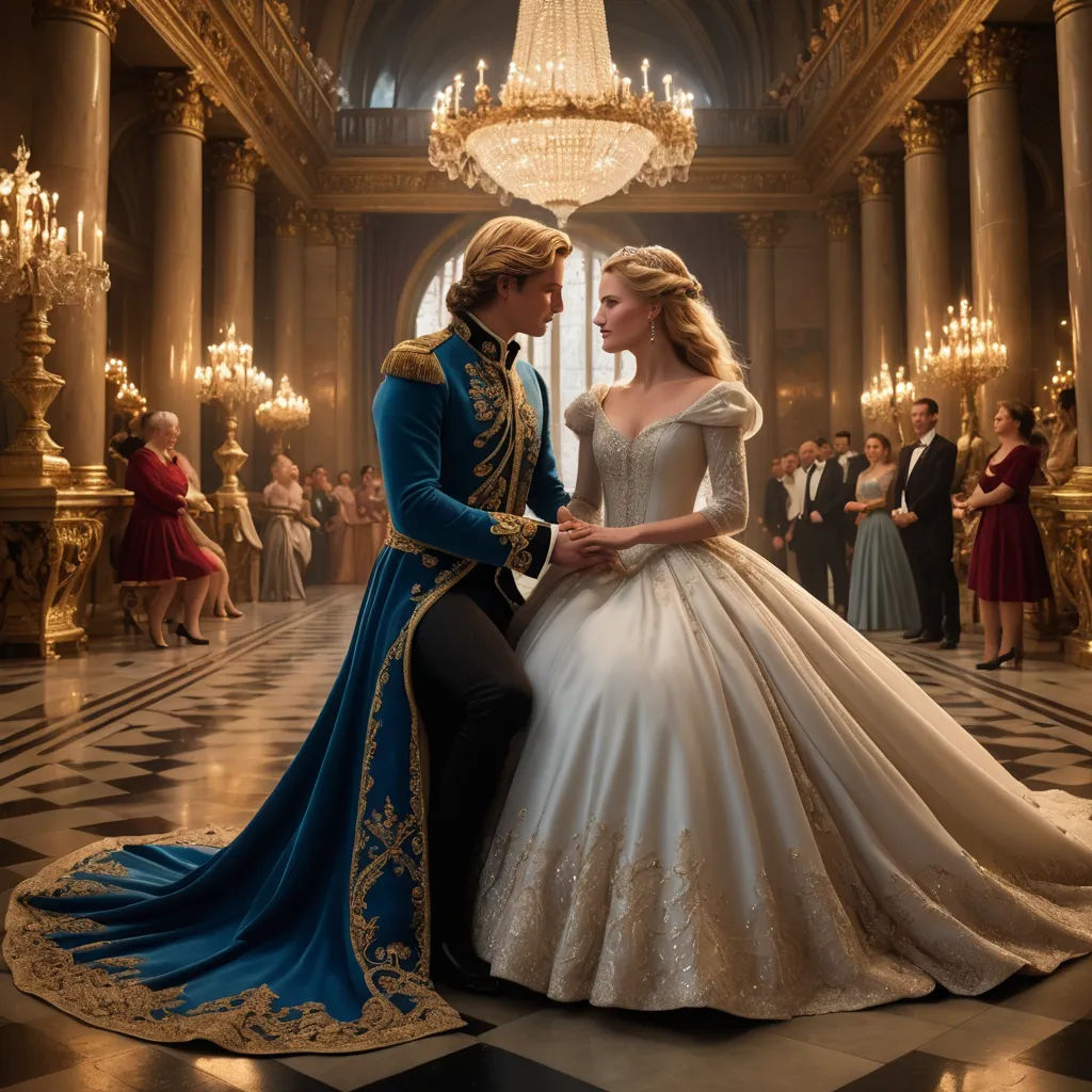 a man and a woman in a wedding dress in a ballroom with chandeliers and chandeliers, magical realism, a poster, disney, movie still