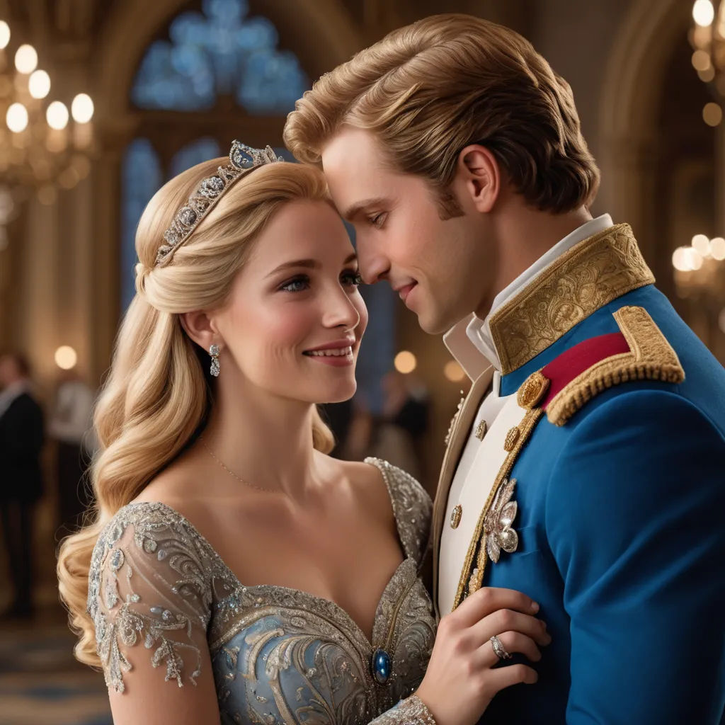 a man and a woman in a blue dress and tiara standing together in a ballroom with chandeliers, magical realism, a poster, disney, promotional image